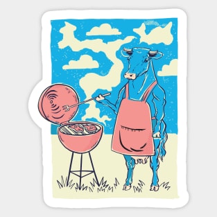 Funny Cow Grilling Steaks Retro Illustration Sticker